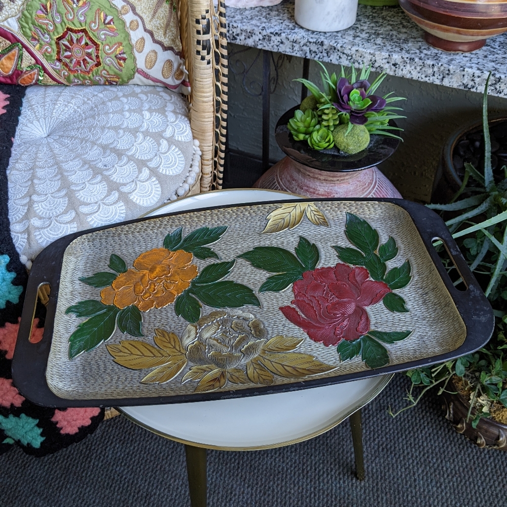 Vintage 70s Floral Bohemian Tray Hippie Eclectic Home Decor - Picture 2 of 16